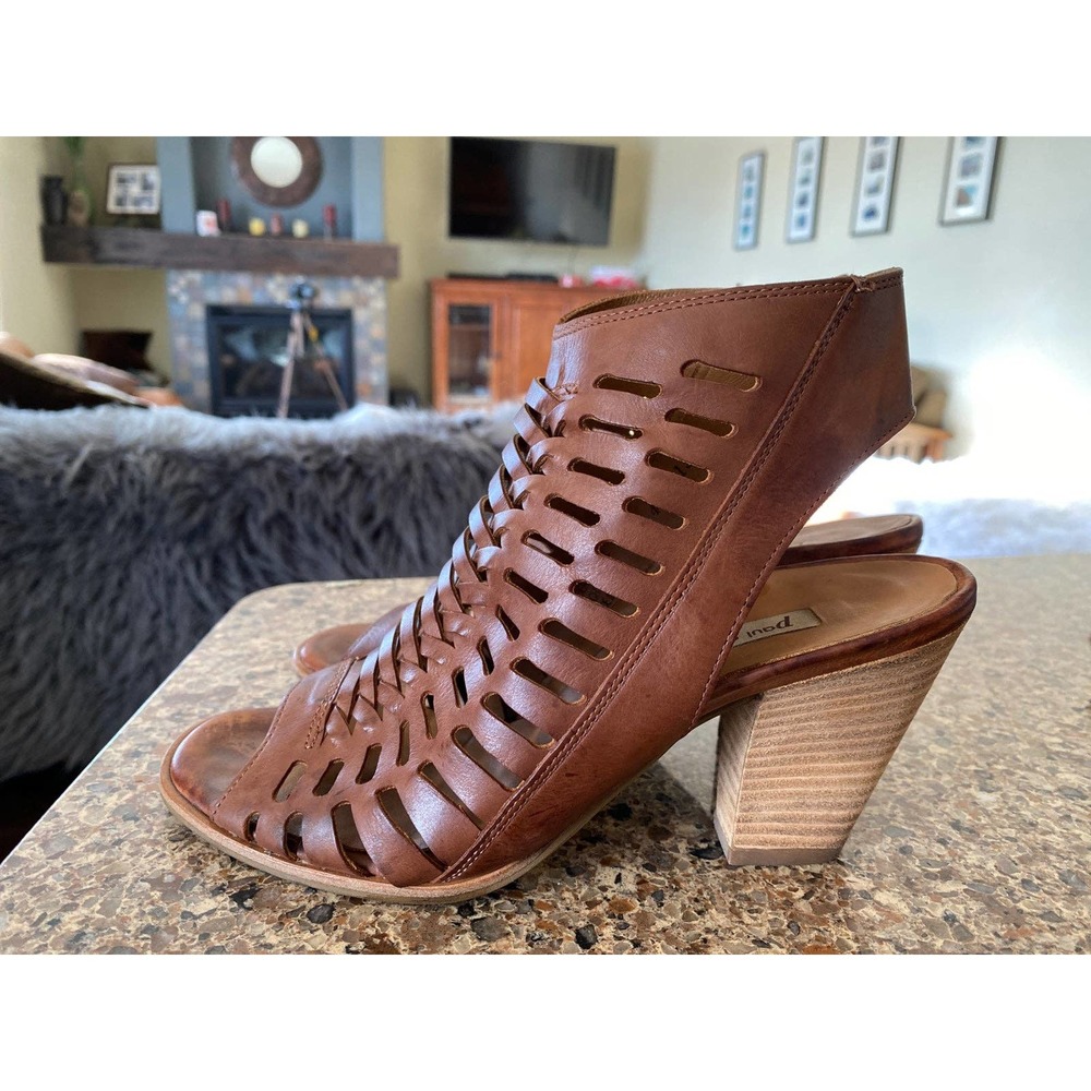 Paul Green Women's 4  Leather Rosa Woven Heeled Sandal Peep Toe Brown